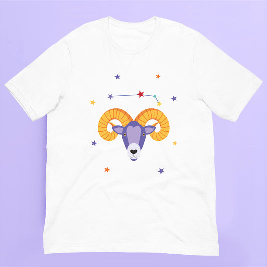 White t-shirt with a colorful aries ram design on a purple background