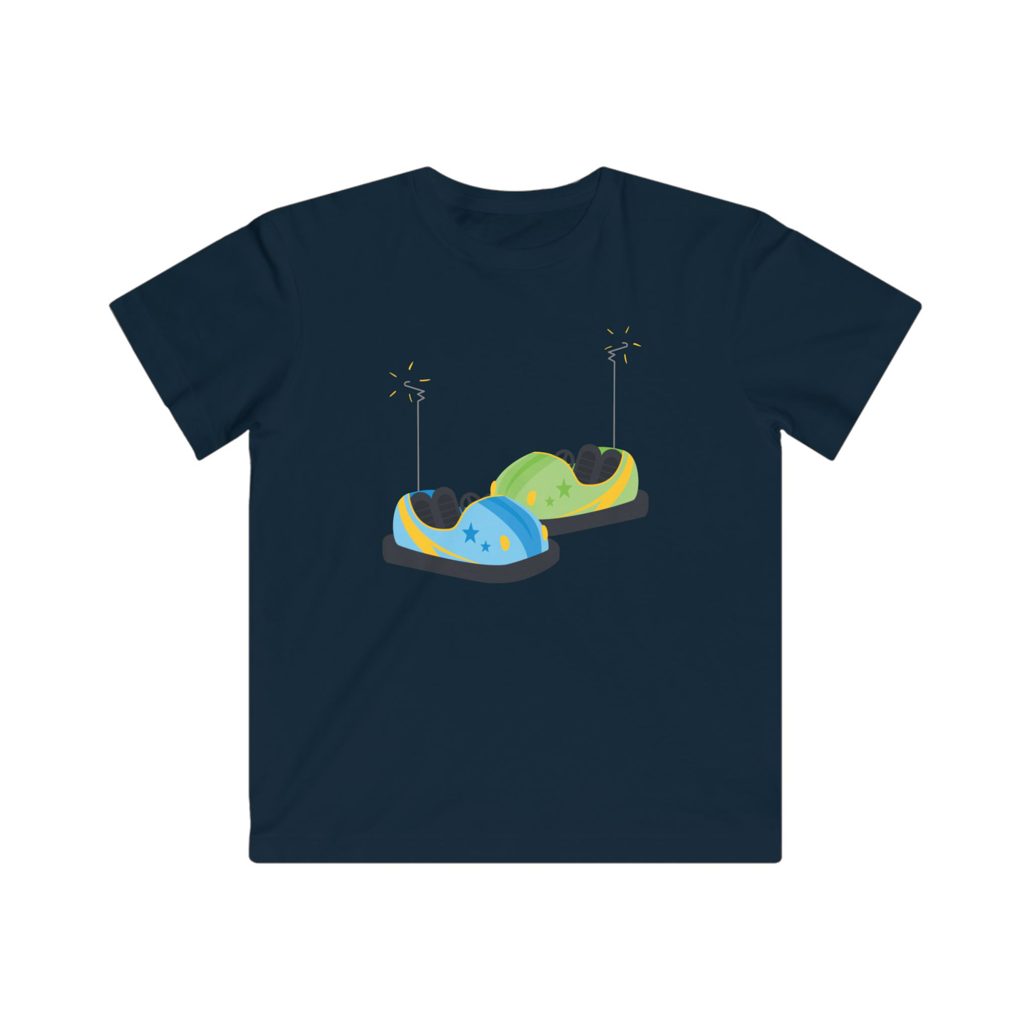 Navy blue t-shirt with colorful bumper car design 