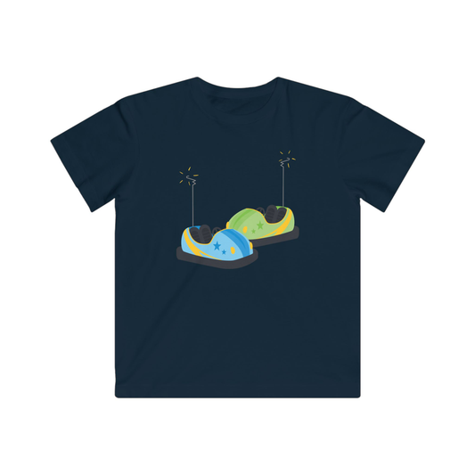 Navy blue t-shirt with colorful bumper car design 