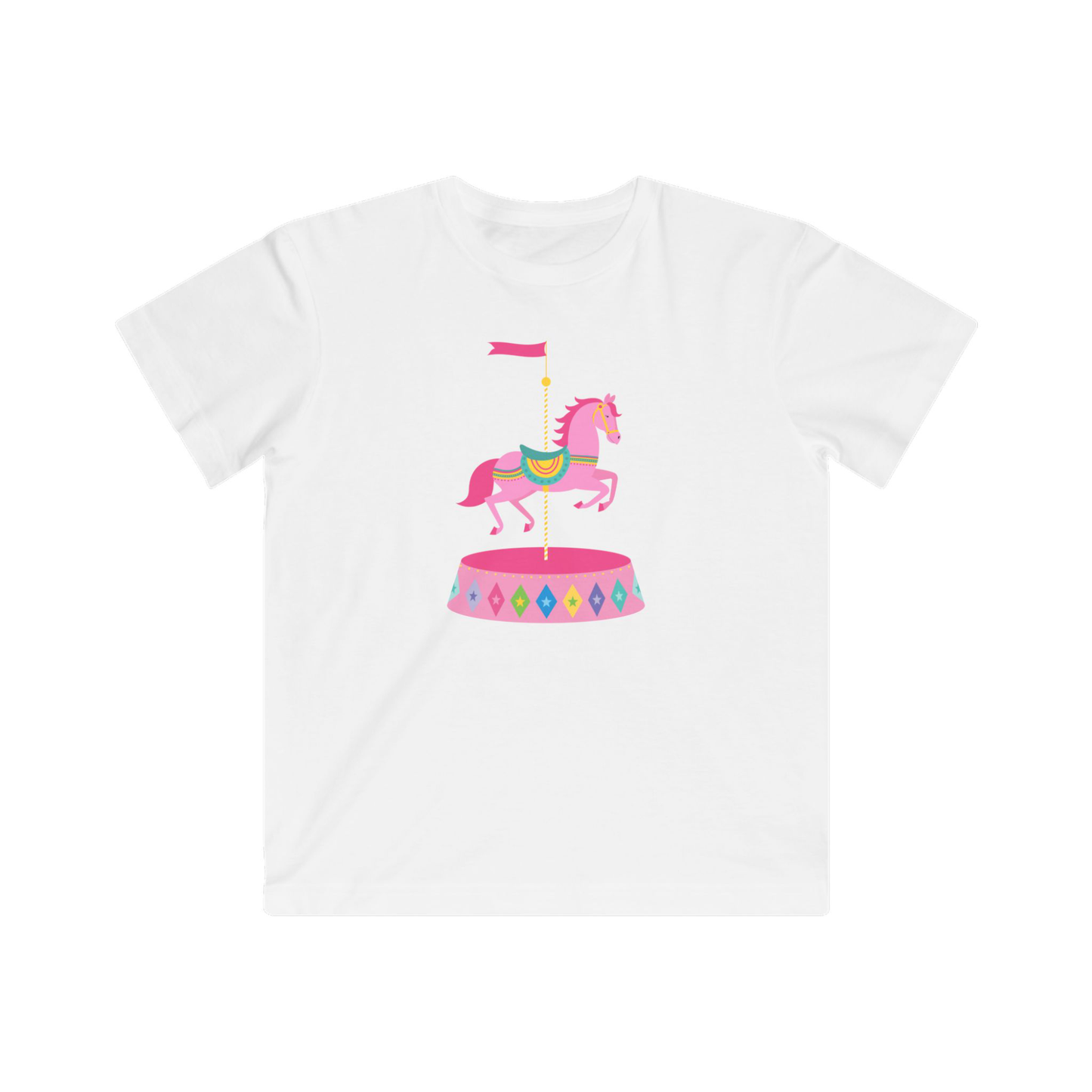 White t-shirt with a colorful carousel design featuring a horse on a white background
