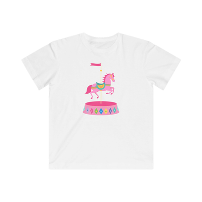 White t-shirt with a colorful carousel design featuring a horse on a white background