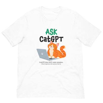 White Ask CatGPT funny cat t shirt featuring a ginger cat sitting at a laptop.