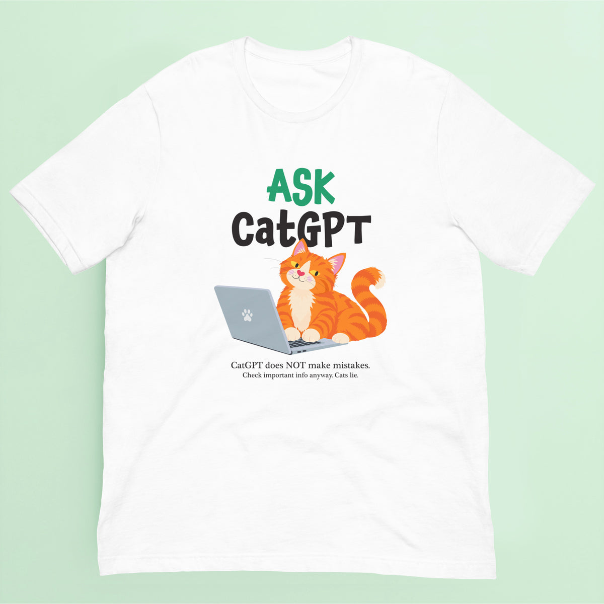 Funny cat t shirt with Ask CatGPT design featuring a ginger cat sitting at a laptop.