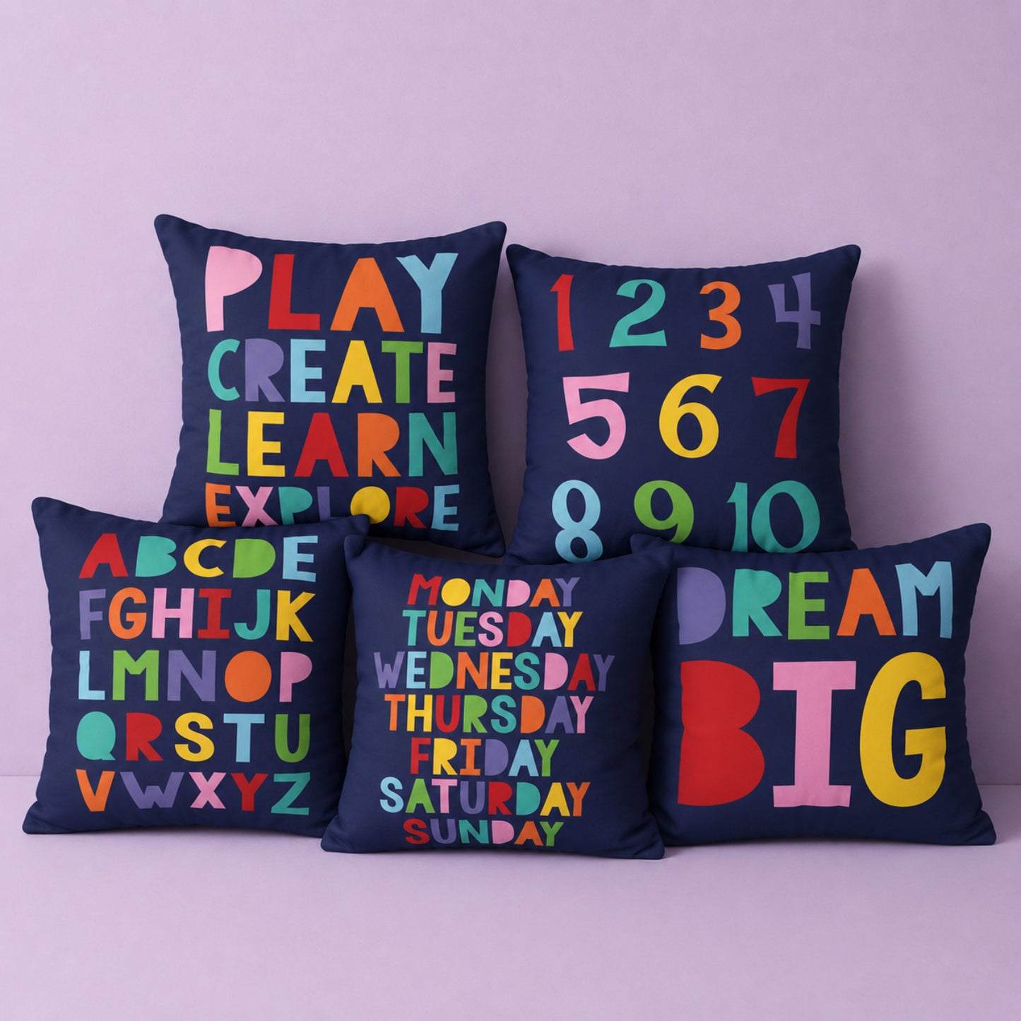 Set of colourful educational cushions for kids rooms, playrooms or school