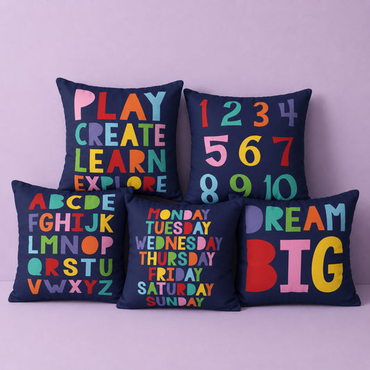 Set of colourful educational cushions for kids rooms, playrooms or school