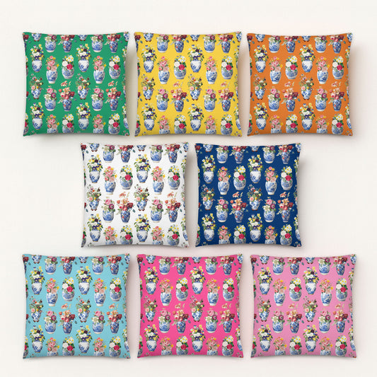 Set of colorful cushion covers with floral tiger jar patterns 