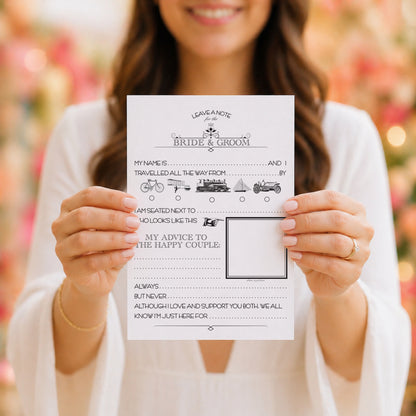Woman holding a card with advice for the bride and groom.