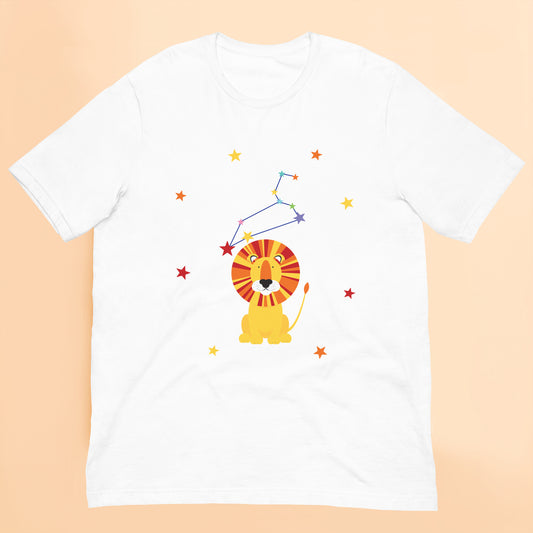 White t-shirt with a colorful leo lion and star constellation design on a beige background