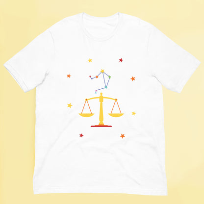 White t-shirt with Libra zodiac sign design on a yellow background