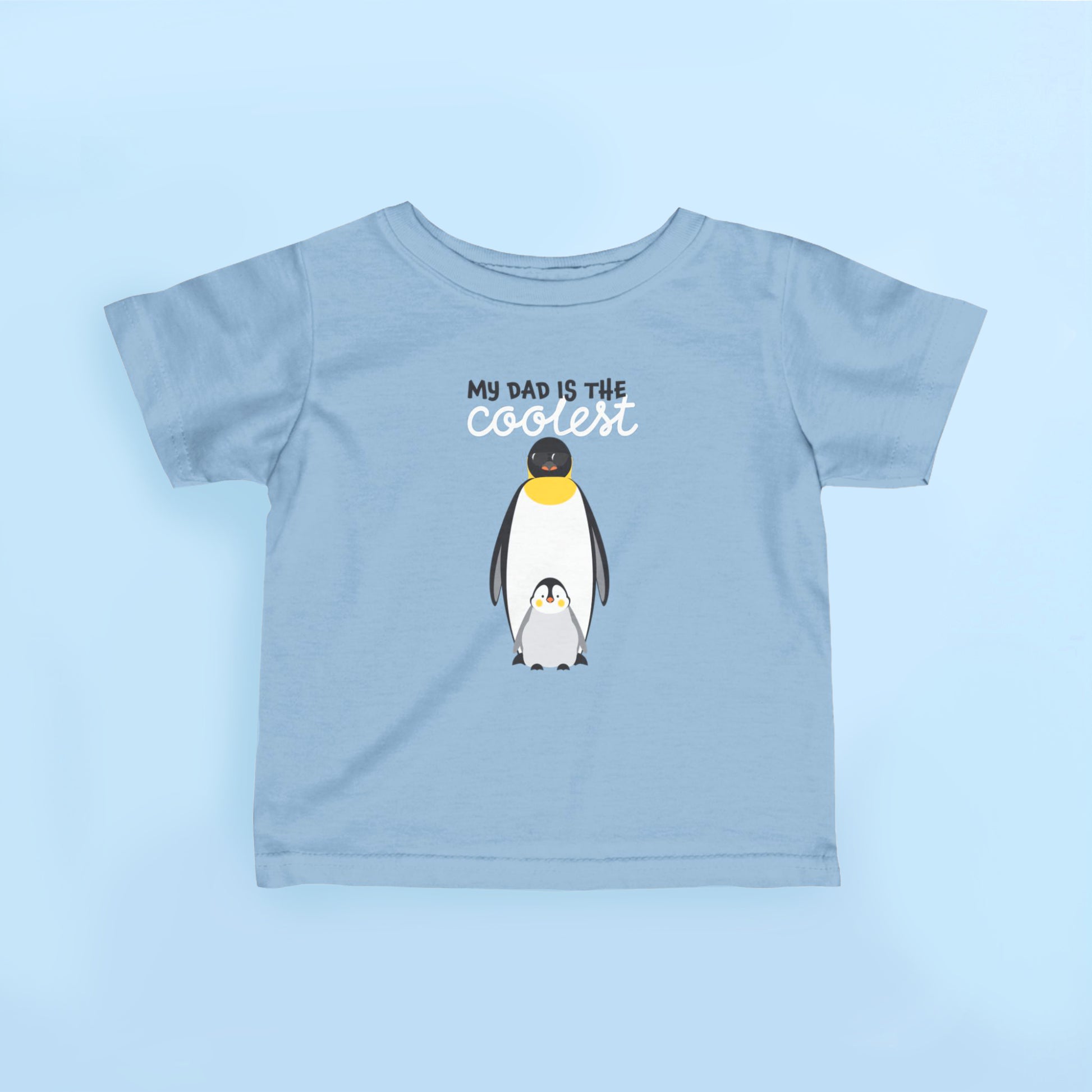 My Dad Is The Coolest penguin kids T shirt with emperor penguin and baby chick design
