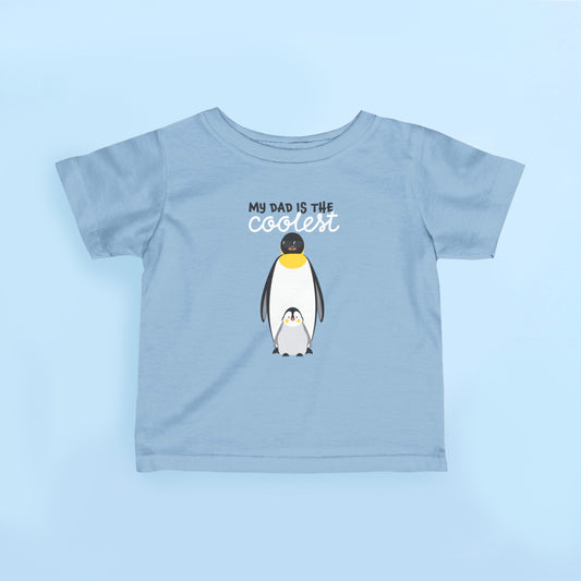 My Dad Is The Coolest penguin kids T shirt with emperor penguin and baby chick design