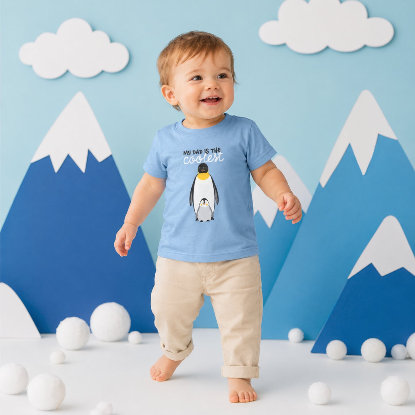 Toddler wearing My Dad Is The Coolest penguin kids T shirt Father's Day gift