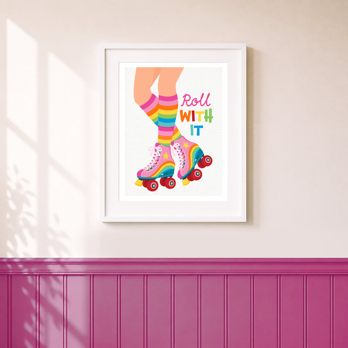 Roll with it retro roller skate poster in a colourful room