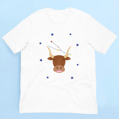 White t-shirt with a taurus bull and star constellation design on a light blue background