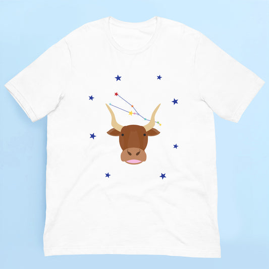 White t-shirt with a taurus bull and star constellation design on a light blue background