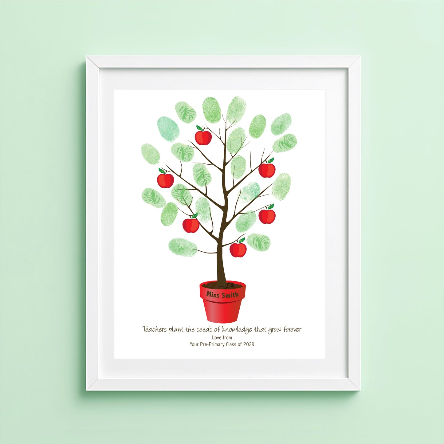 Teacher fingerprint tree print with apple design, personalised end of year teacher gift