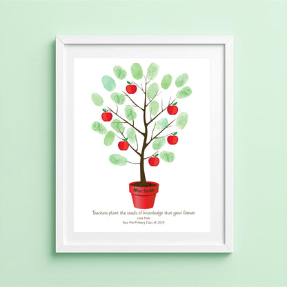 Teacher fingerprint tree print with apple design, personalised end of year teacher gift