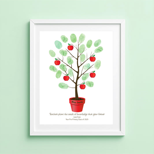 Teacher fingerprint tree print with apple design, personalised end of year teacher gift