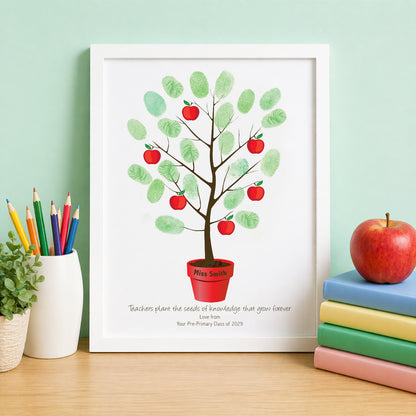 Teacher fingerprint tree print on classroom desk with books and apple, thank you teacher gift