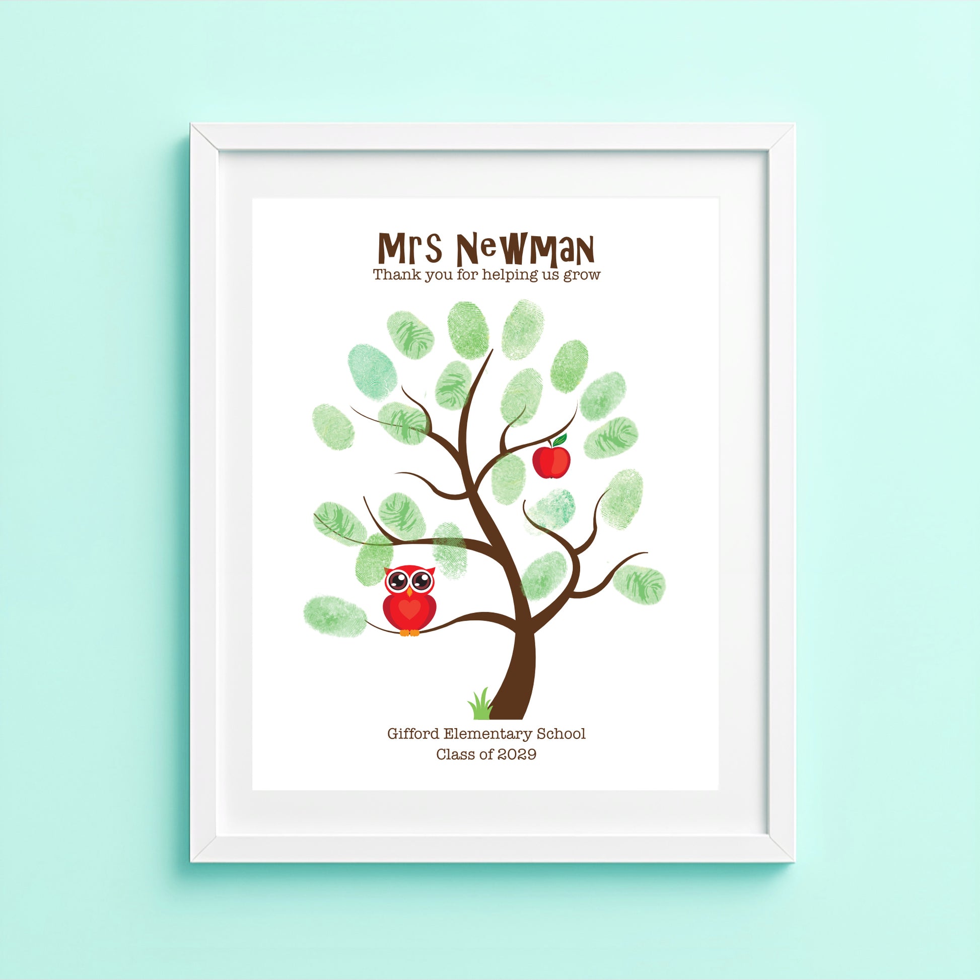 Custom teacher fingerprint tree with owl, and text