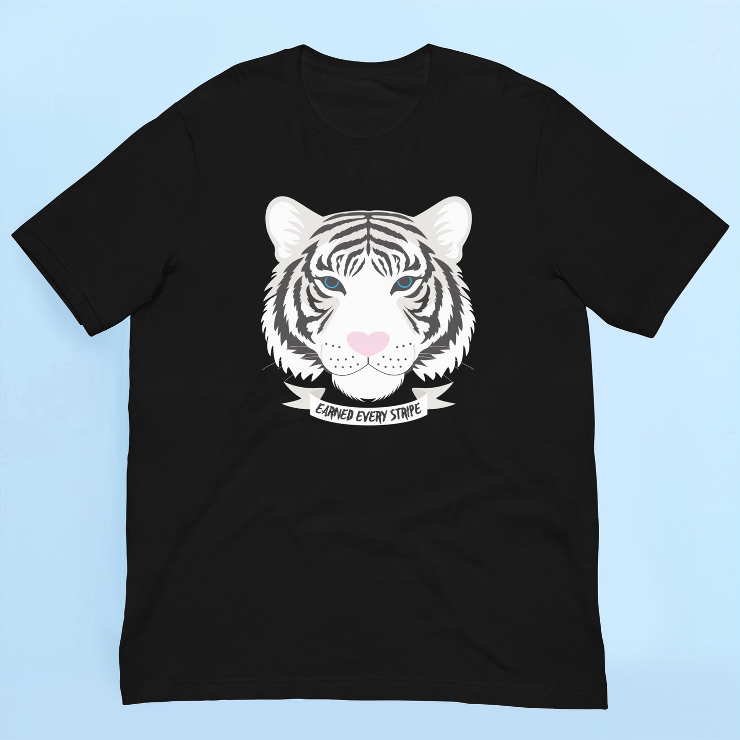 Black t-shirt featuring a white tiger face design with blue eyes and the text “Earned Every Stripe” on the front, centred chest placement.