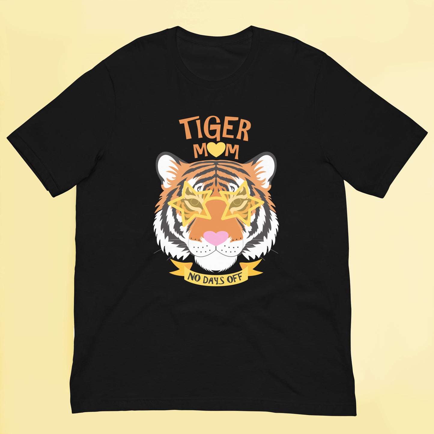 Black t-shirt with a tiger graphic and text on a beige background