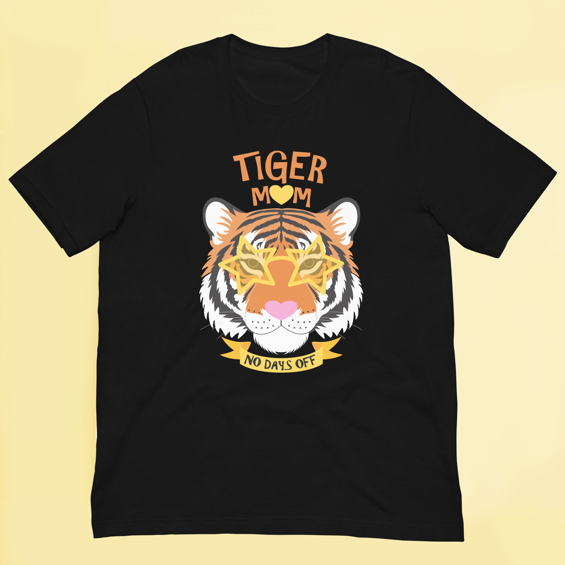 Black t-shirt with a tiger graphic and text on a beige background