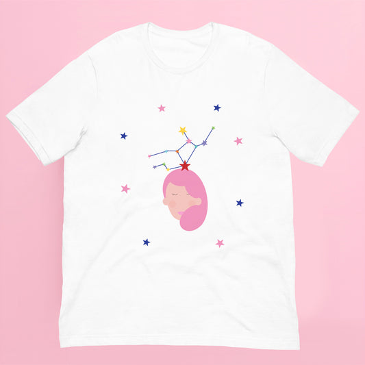 White t-shirt with a graphic design of virgo - a face with pink hair and stars on a pink background