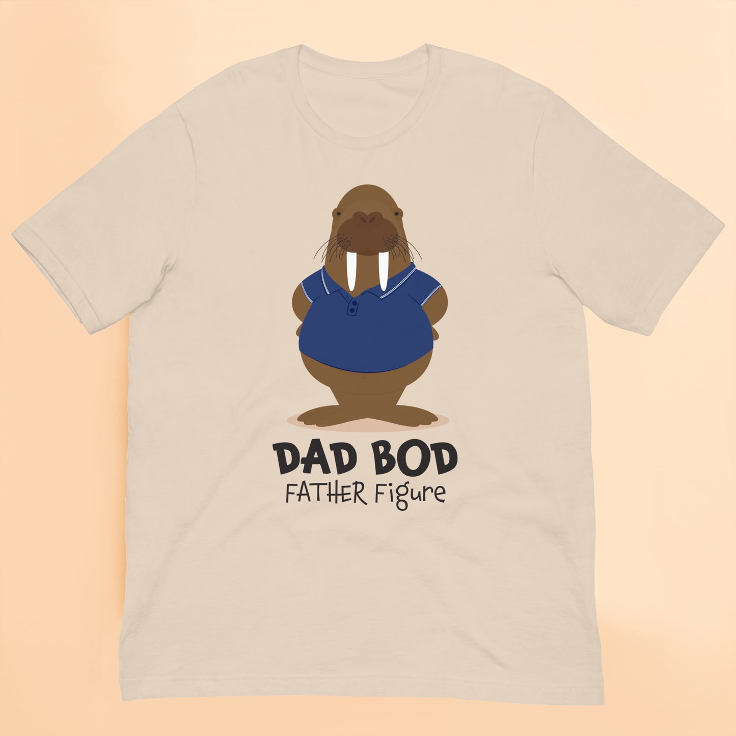 Front view of cream Dad Bod Father Figure novelty t shirt with walrus illustration and Father's Day themed slogan.