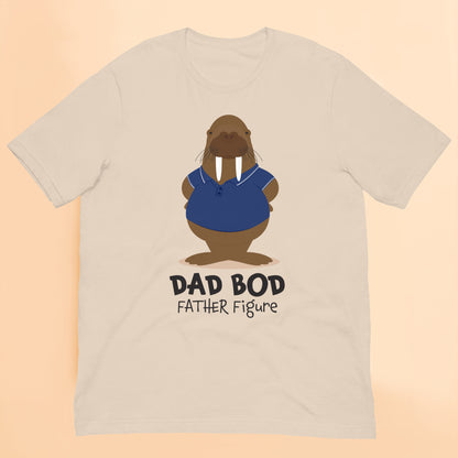 Front view of cream Dad Bod Father Figure novelty t shirt with walrus illustration and Father's Day themed slogan.