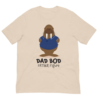 Cream Dad Bod Father Figure walrus t shirt featuring a humorous walrus illustration in a blue polo shirt and funny dad slogan.