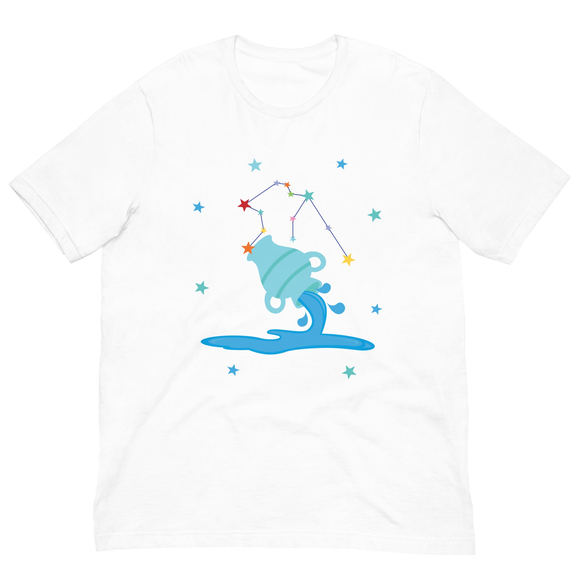 White t-shirt with a blue water jug aquarius and star constellation design on a white background