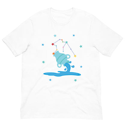White t-shirt with a blue water jug aquarius and star constellation design on a white background
