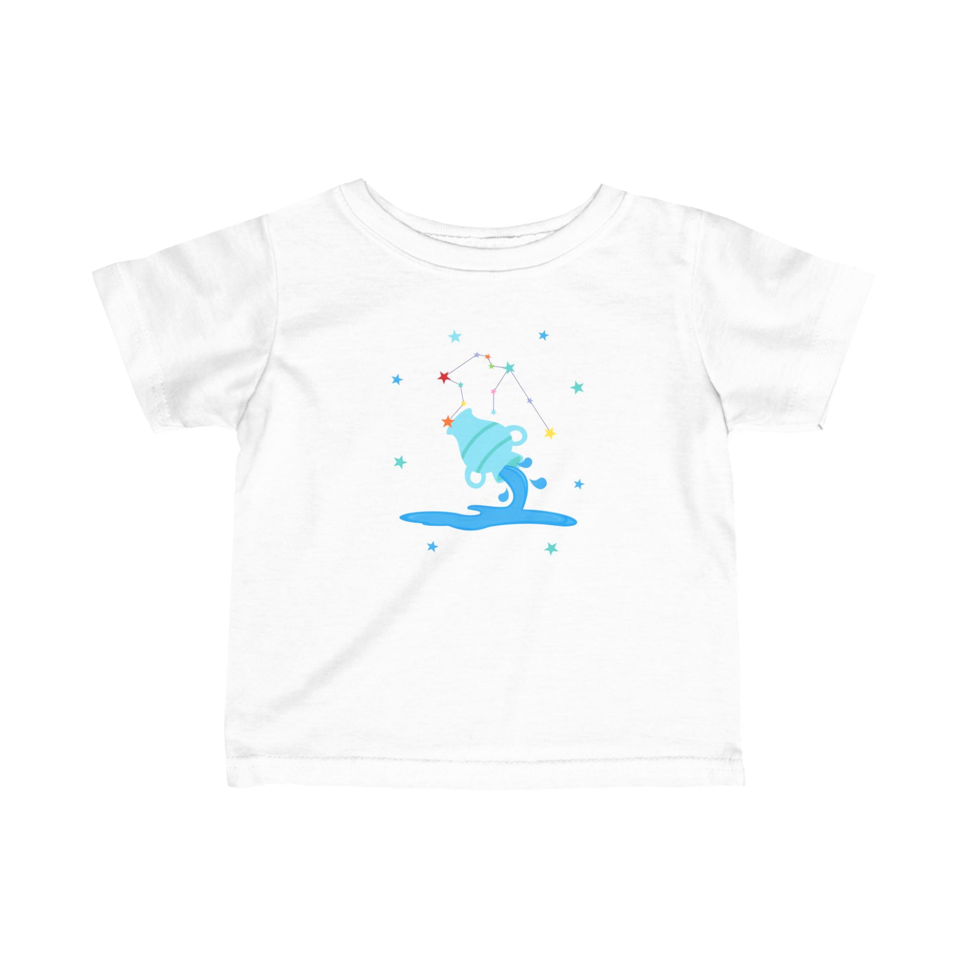 White t-shirt with a blue aquarius graphic design on a white background