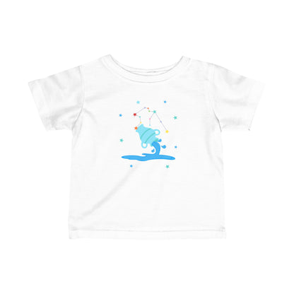 White t-shirt with a blue aquarius graphic design on a white background