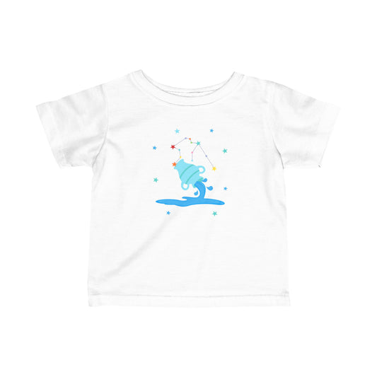 White t-shirt with a blue aquarius graphic design on a white background