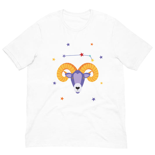 White t-shirt with a colorful aries ram and star constellation design on a white background