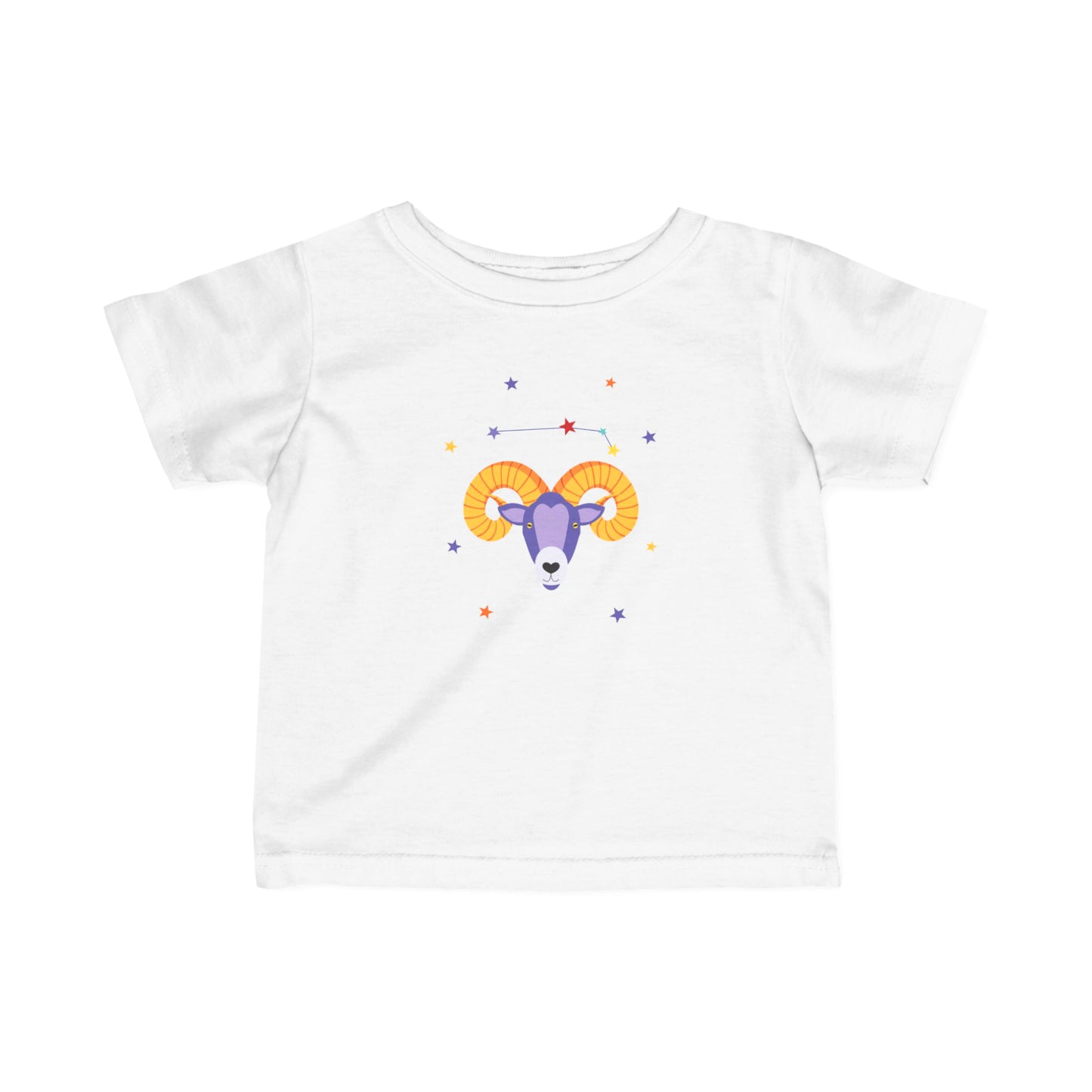 White t-shirt with a colorful aries ram graphic on a white background