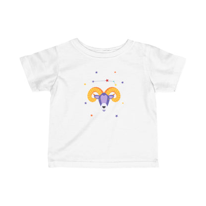 White t-shirt with a colorful aries ram graphic on a white background