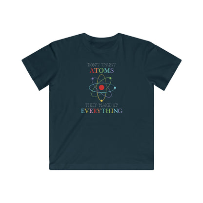 navy t-shirt featuring the quirky phrase, 'Don't trust atoms, they make up everything