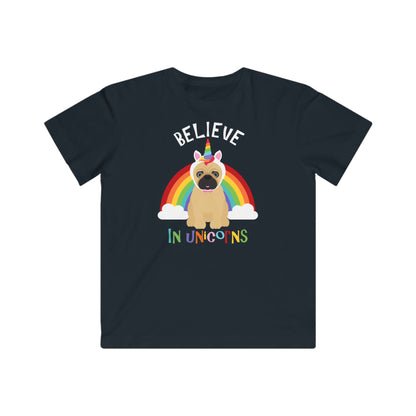 black t-shirt featuring an adorable pug wearing a unicorn horn, set against a bright rainbow with the words "Believe in Unicorns