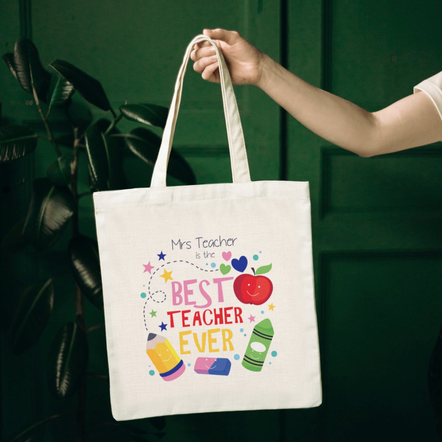 Best teacher ever personalised tote bag with stationery and apple