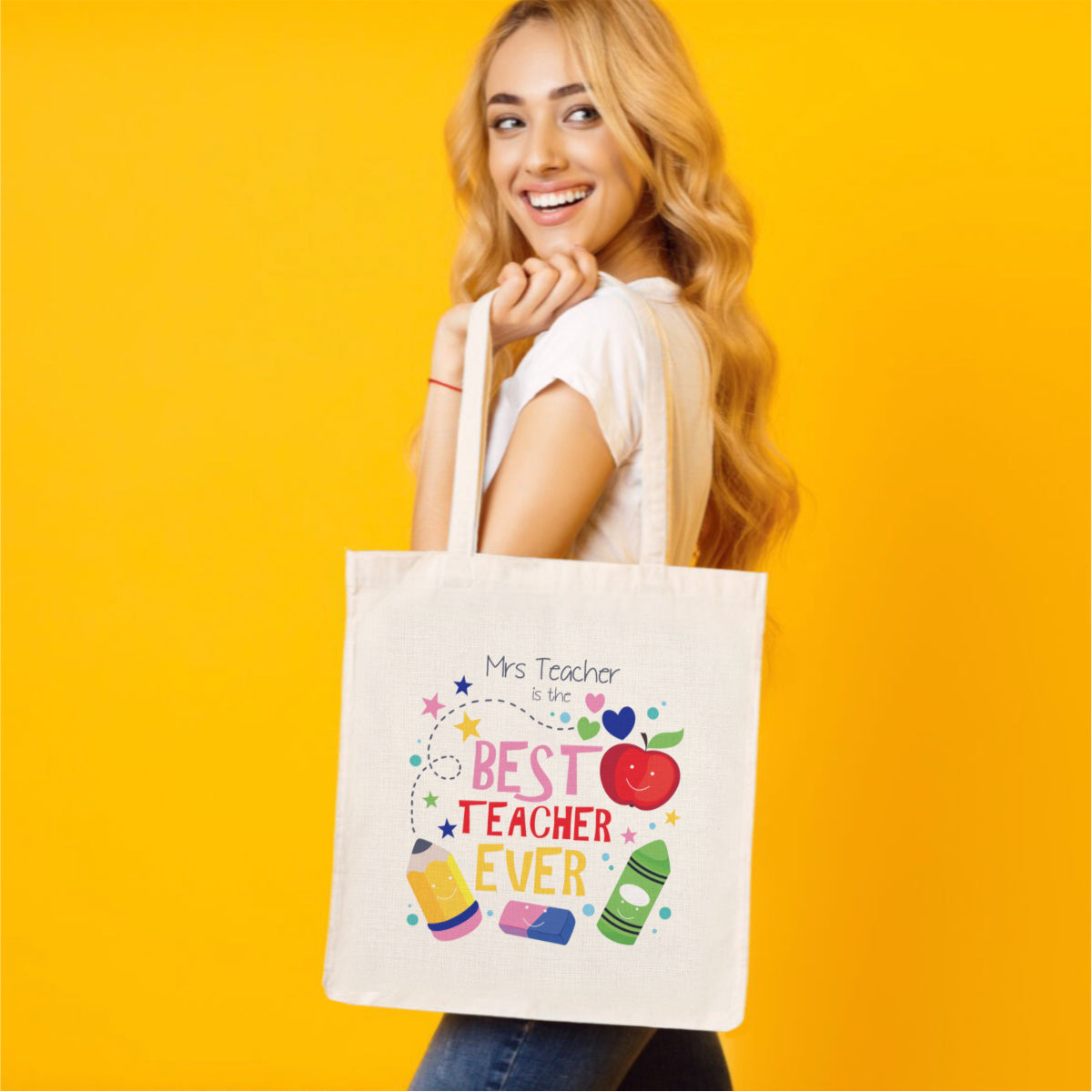 Best teacher ever personalised tote bag with stationery and apple