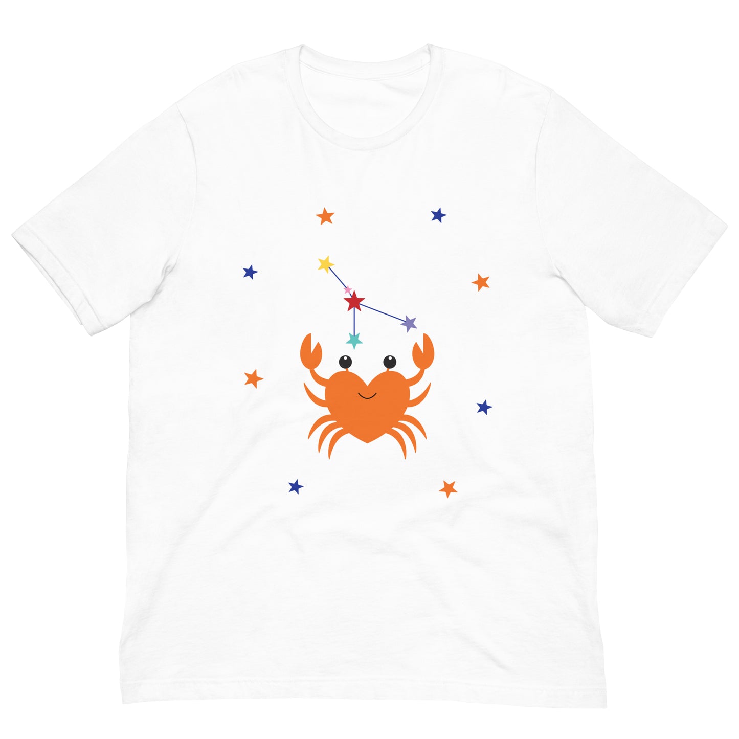 White t-shirt with a cartoon crab and star constellation design on a white background