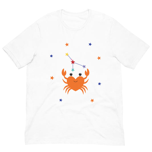 White t-shirt with a cartoon crab and star constellation design on a white background