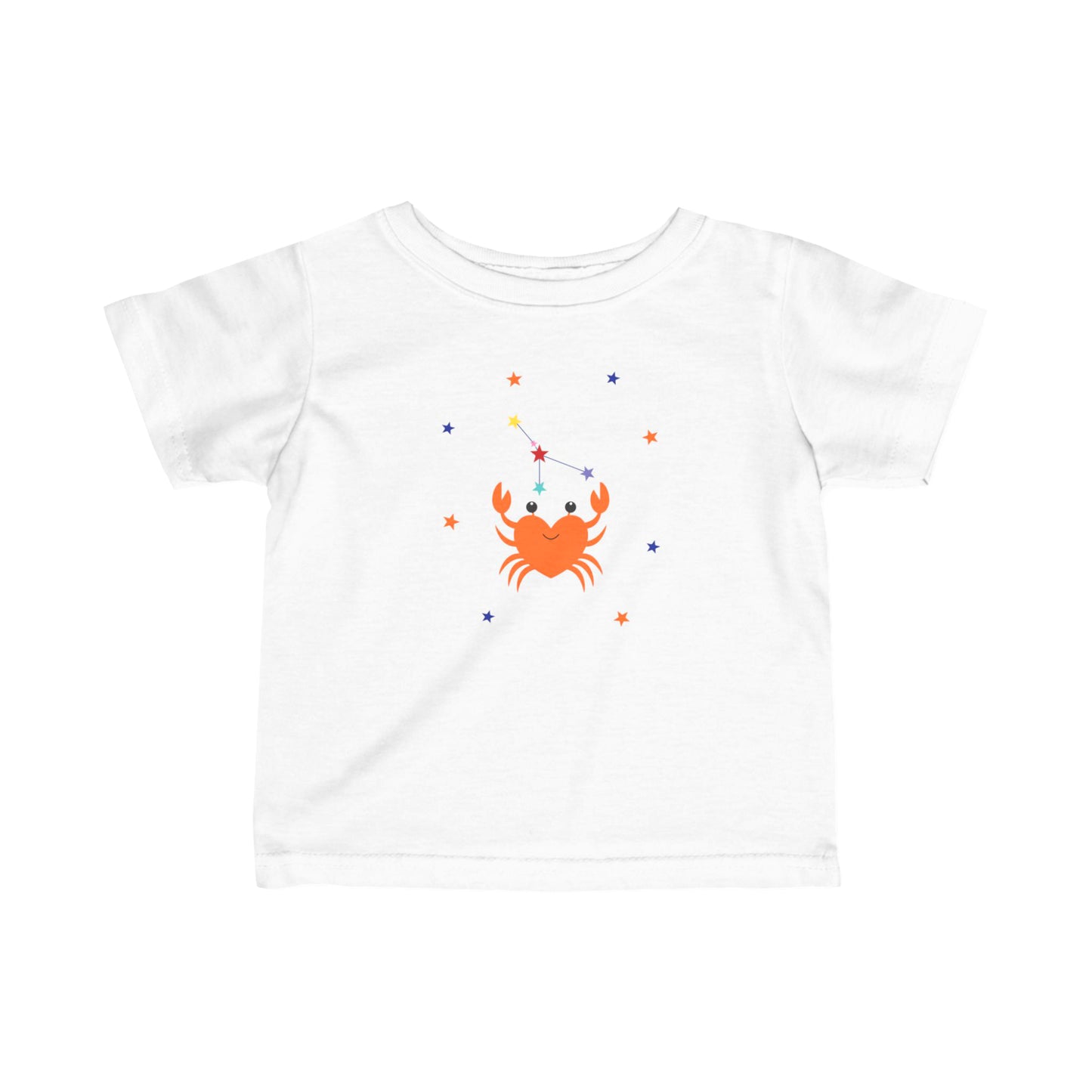 White t-shirt with a colorful crab design on a white background