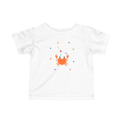 White t-shirt with a colorful crab design on a white background