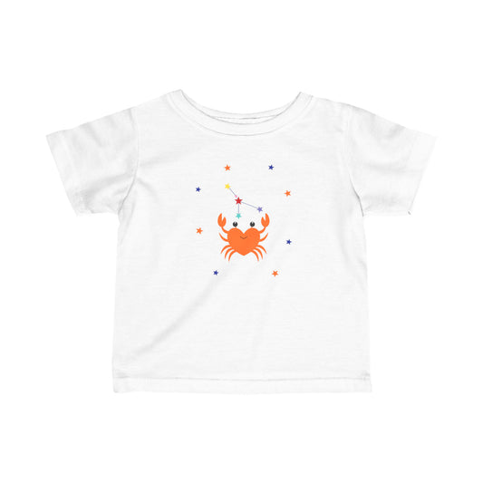 White t-shirt with a colorful crab design on a white background