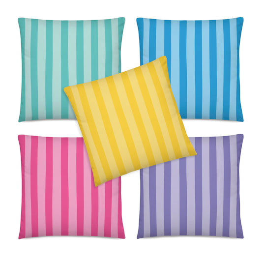 Five striped pillows in yellow, turquoise, blue, pink, and purple 