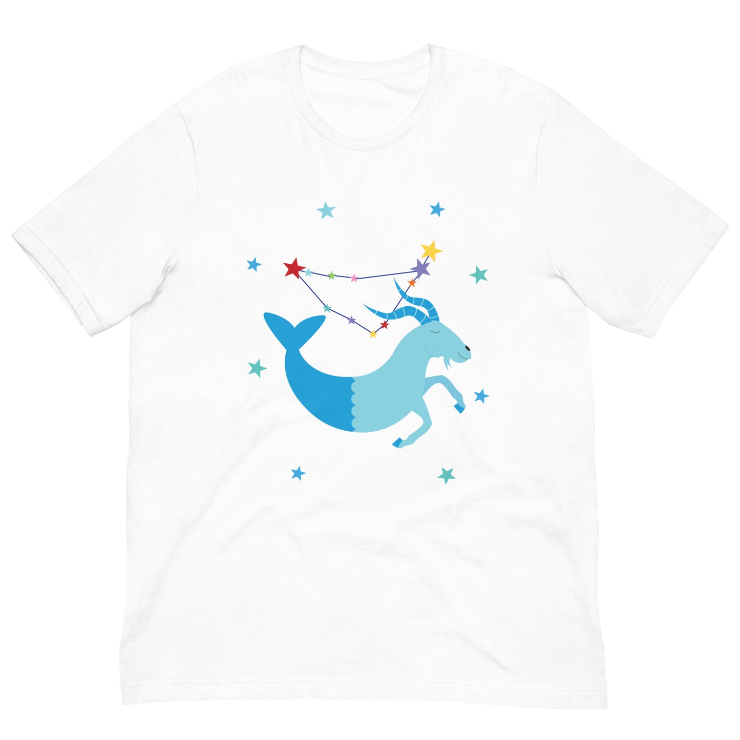 White t-shirt with a blue Capricorn sea goat and star constellation design on a white background